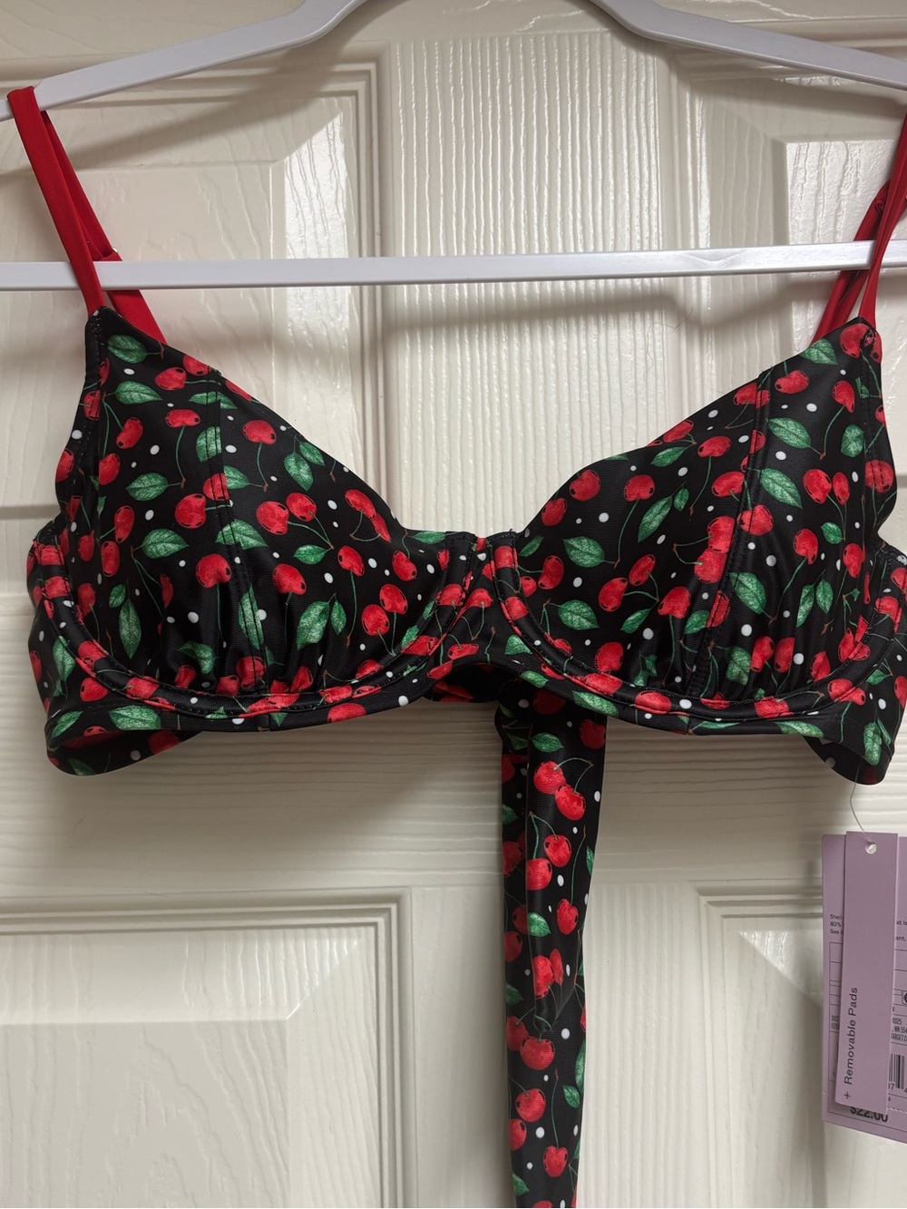 wild fable Black Cherry Print Bikini Top with Red Straps and Green Leaves